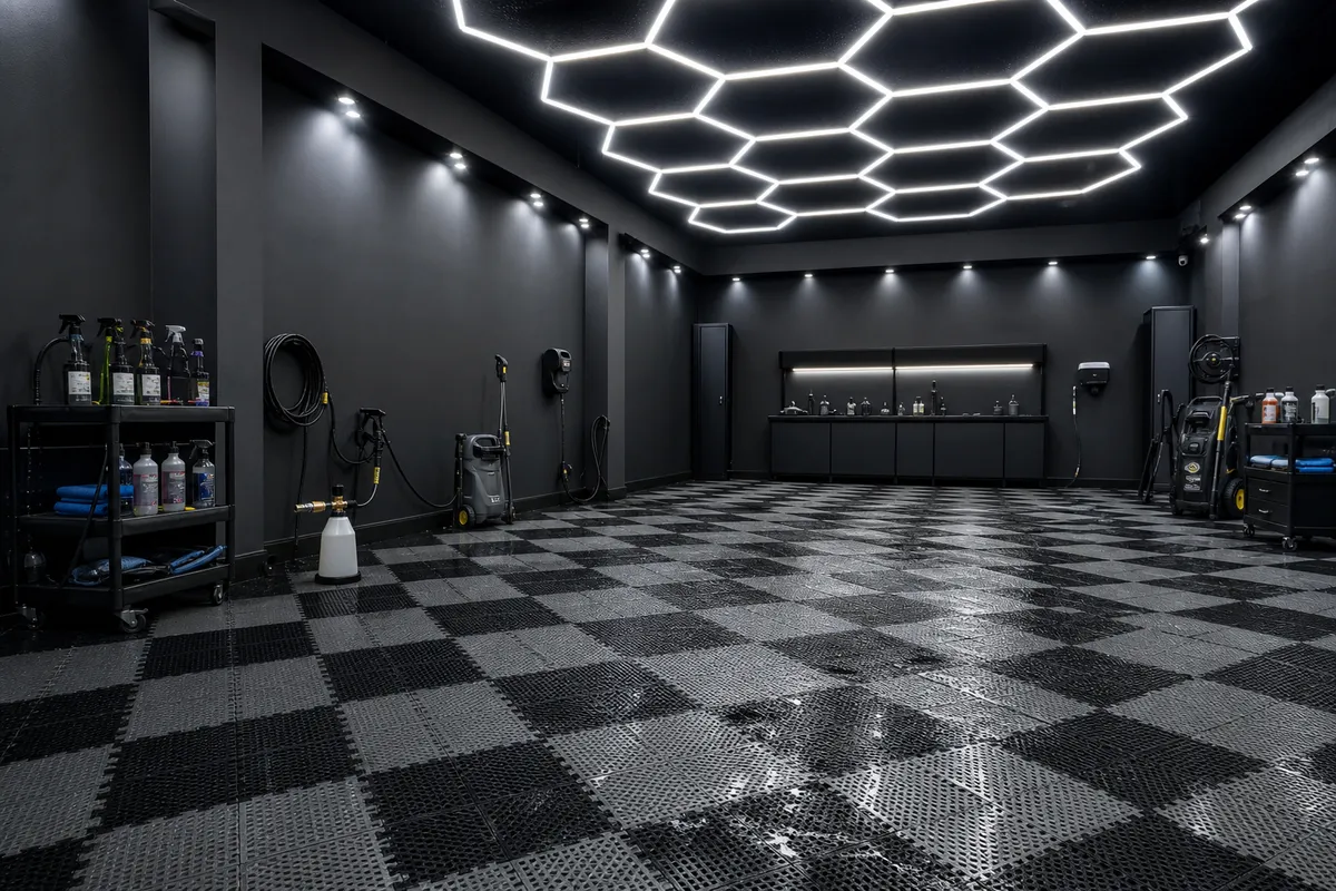 Oficina de detailing com piso modular xadrez cinzento e preto