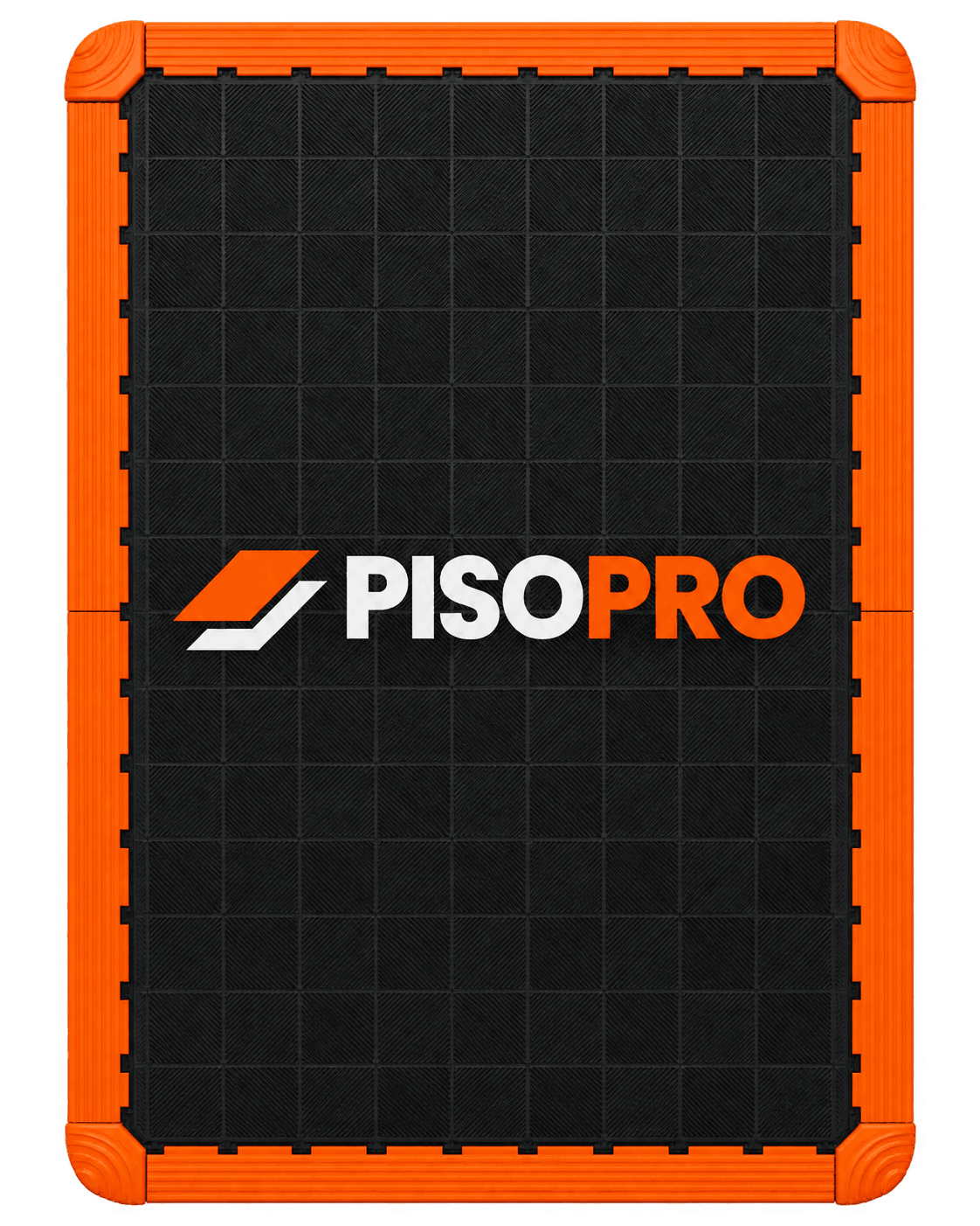 Vista de topo de piso modular instalado em padrão xadrez preto e cinzento com uma placa laranja de destaque